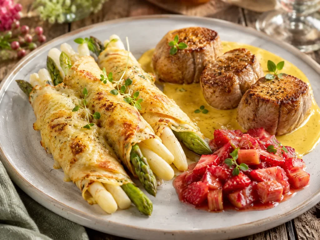 Überbackener Spargel im Crêpemantel dazu Schweinefiletmedaillons mit Currysauce und Rhabarber-Erdbeer-Chutney