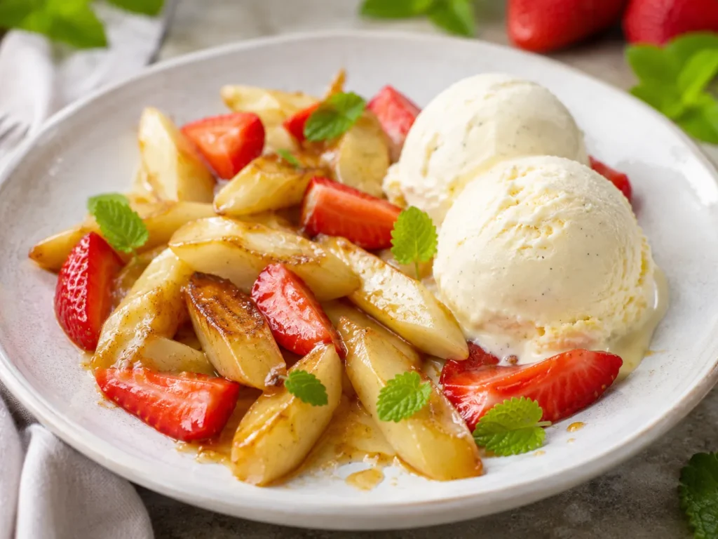 Karamellisierter Spargel mit Erdbeeren und Vanilleeis