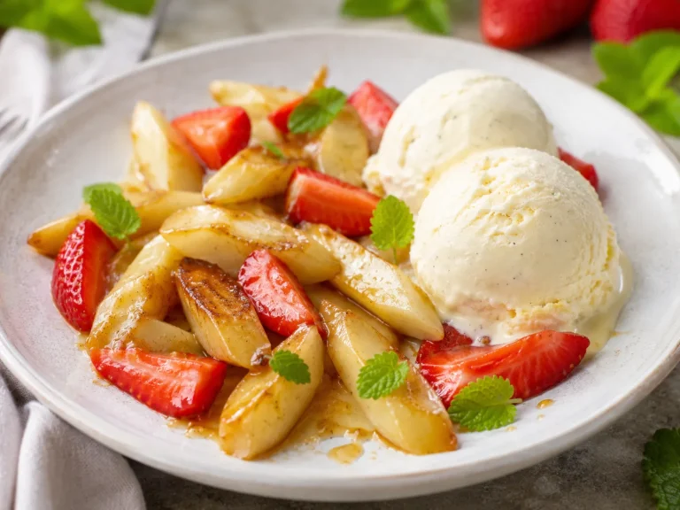 Karamellisierter Spargel mit Erdbeeren und Vanilleeis