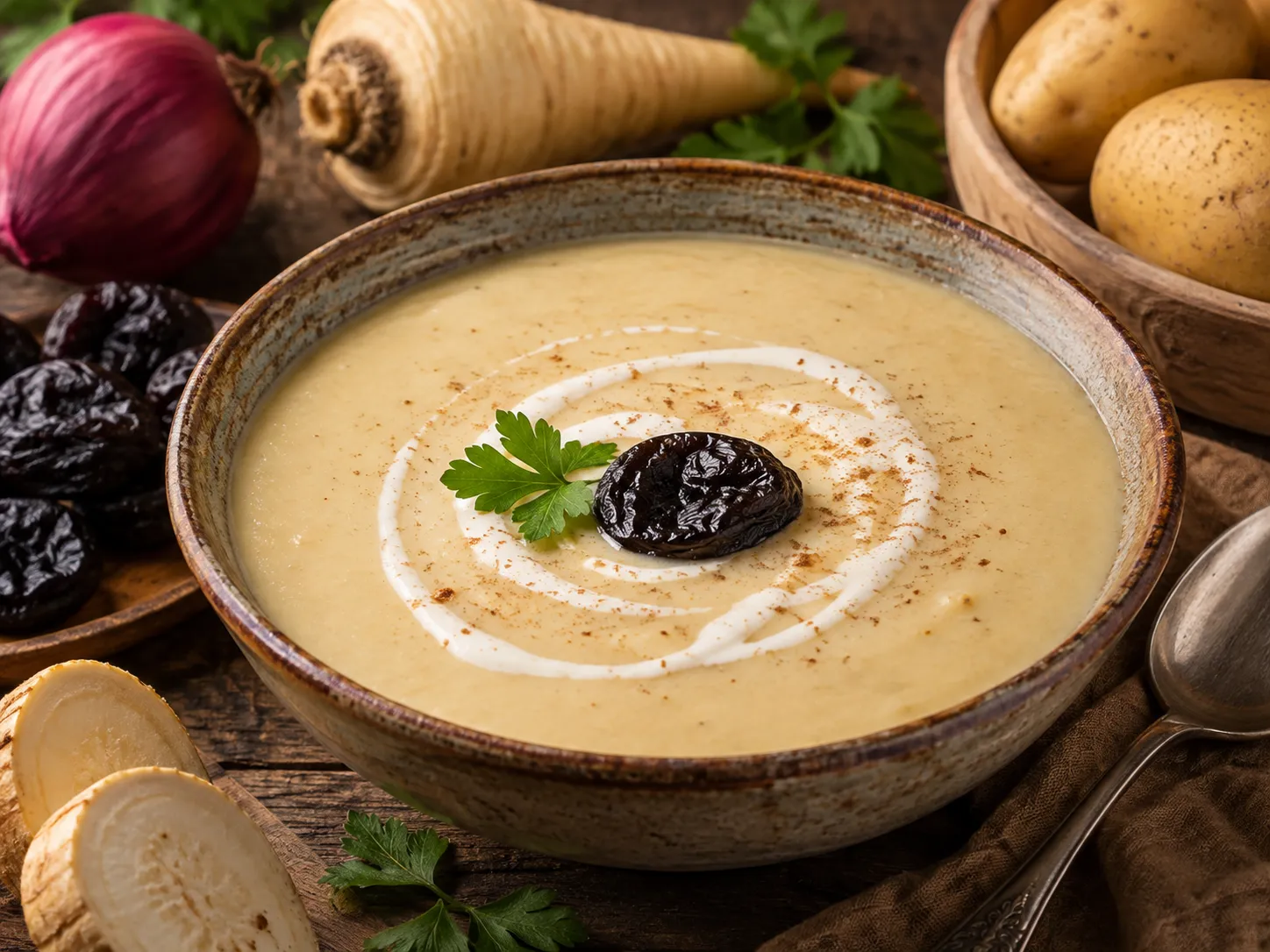 Kartoffelsuppe mit Pflaumen und Zimt