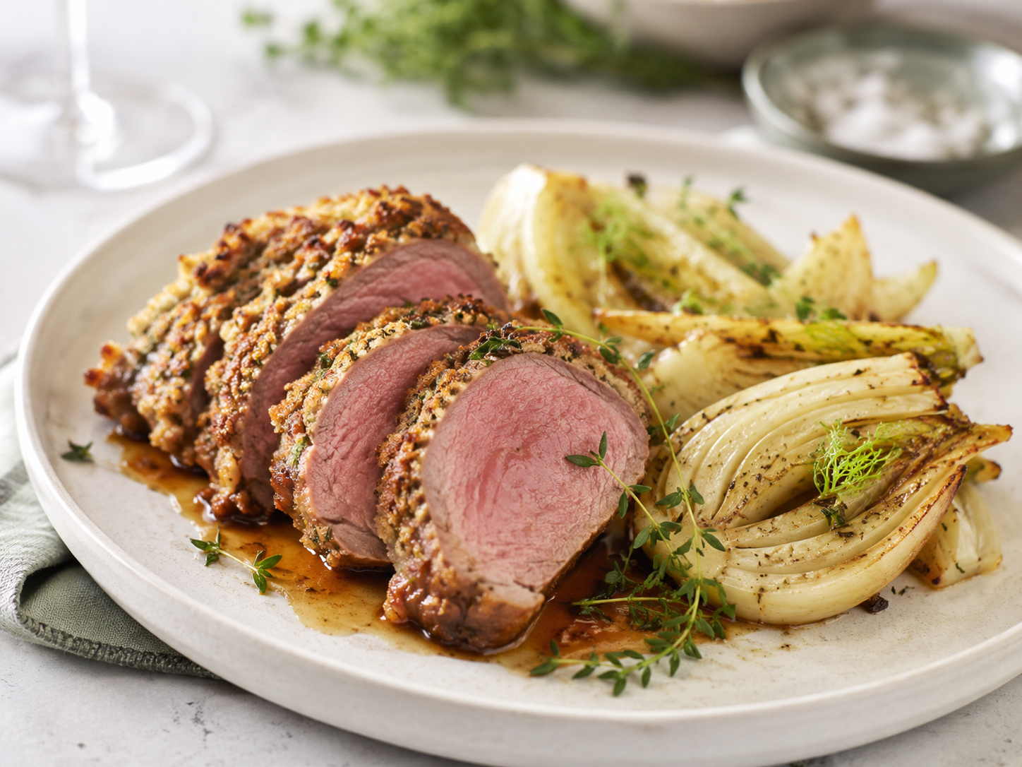 Lammrücken im Thymian-Brotmantel mit römischem Fenchel