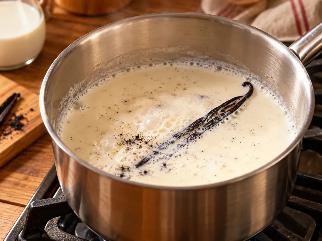 Milch mit Vanillemark und ausgekratzter Vanilleschote aufkochen.
