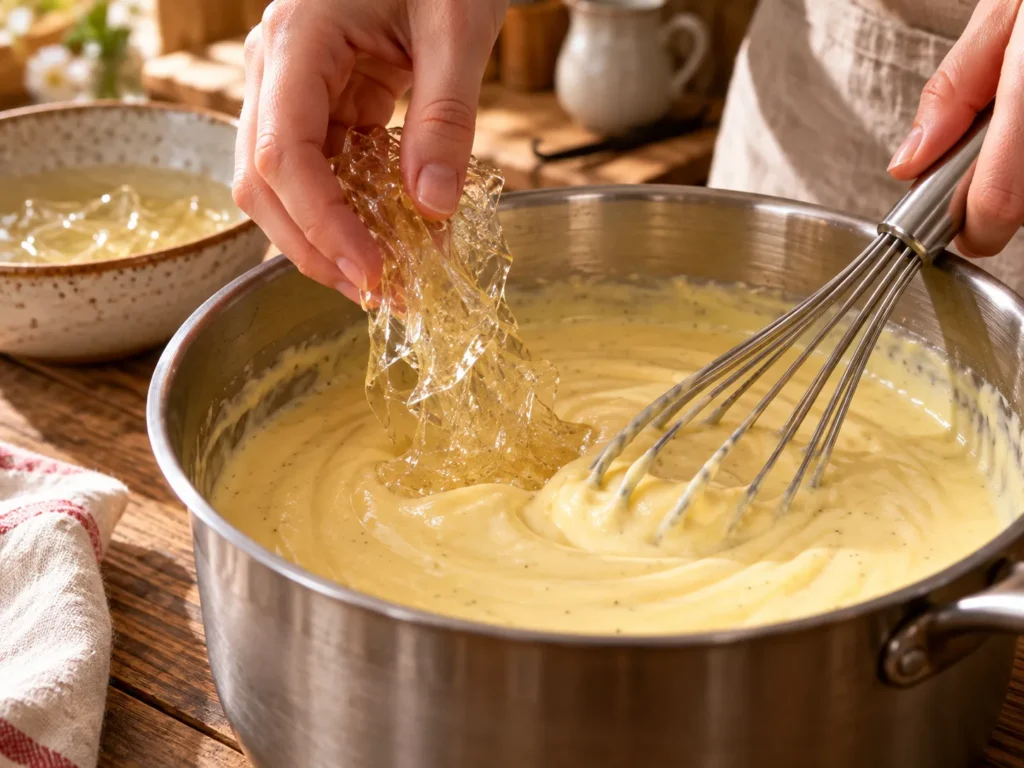 Ausgedrückte Gelatine unter die noch warme Masse rühren.