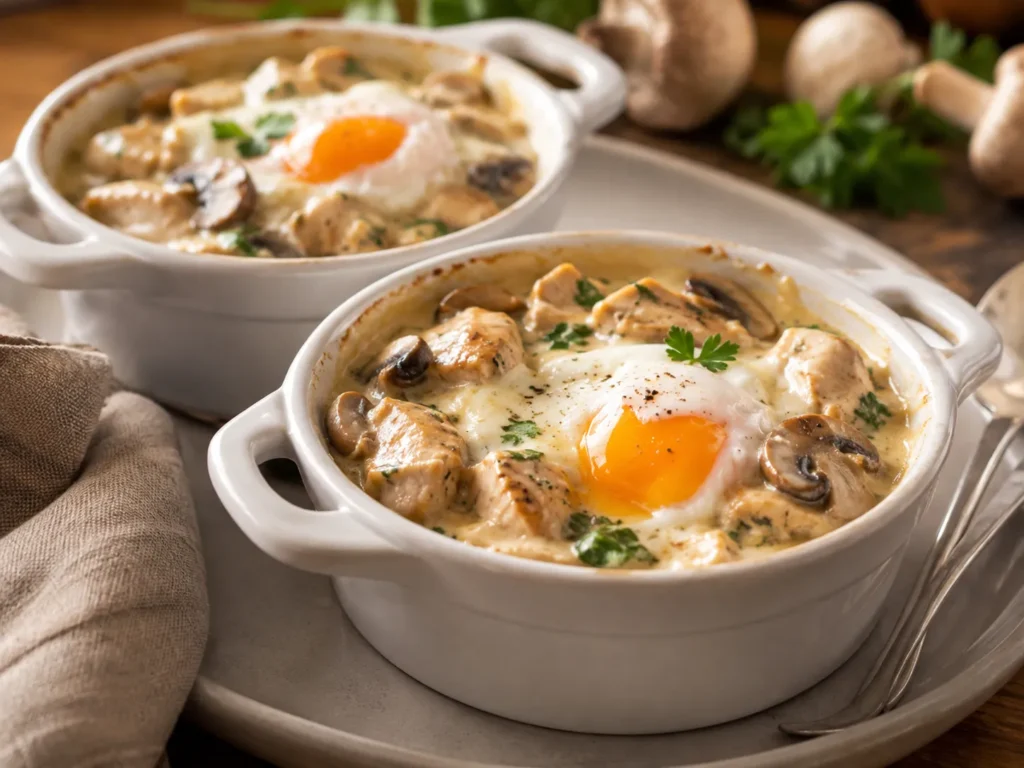 Eier im Naepfchen mit Gefluegelragout – Rezeptfoto im Club der Hobbyköche.
