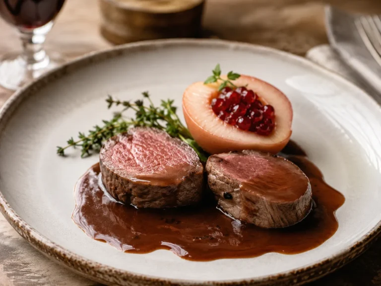 HirschrückenmedaIllons Mirza – fertig angerichtetes Rezeptgericht.