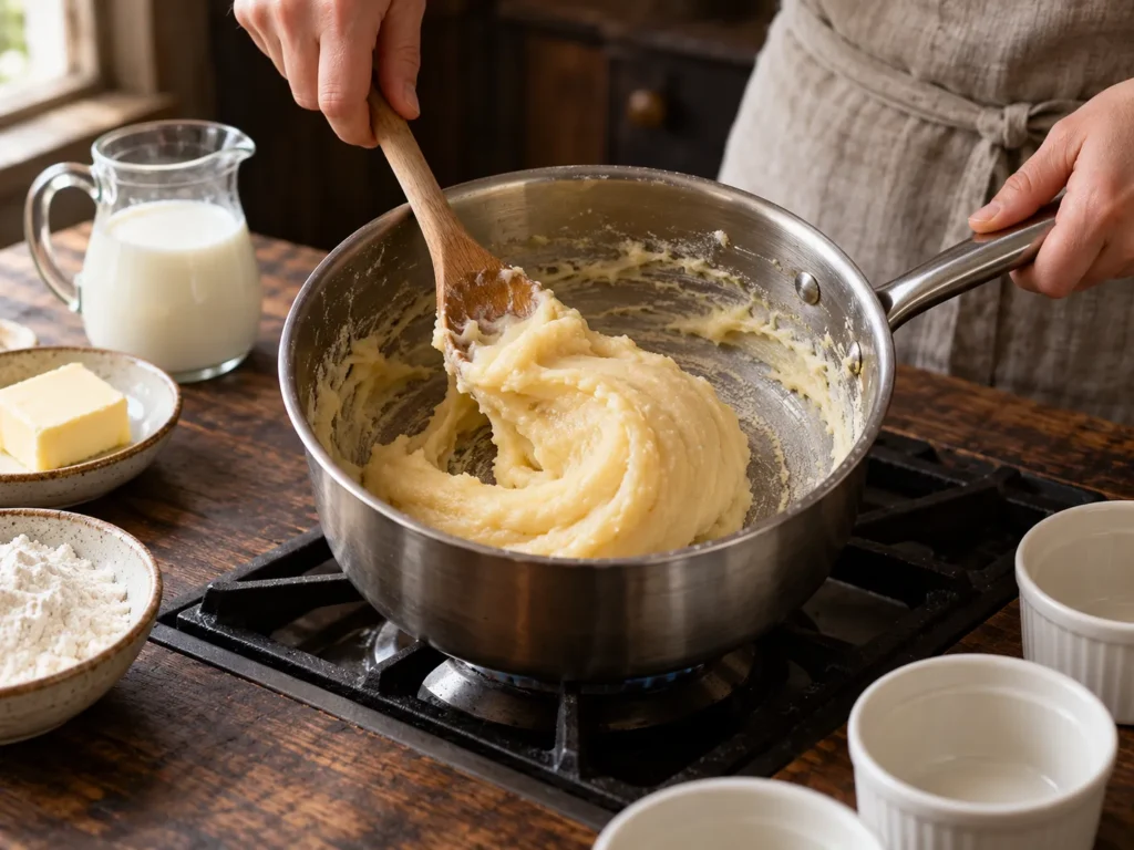 Aus Milch, 250 g Butter und Mehl einen Brandteig herstellen,