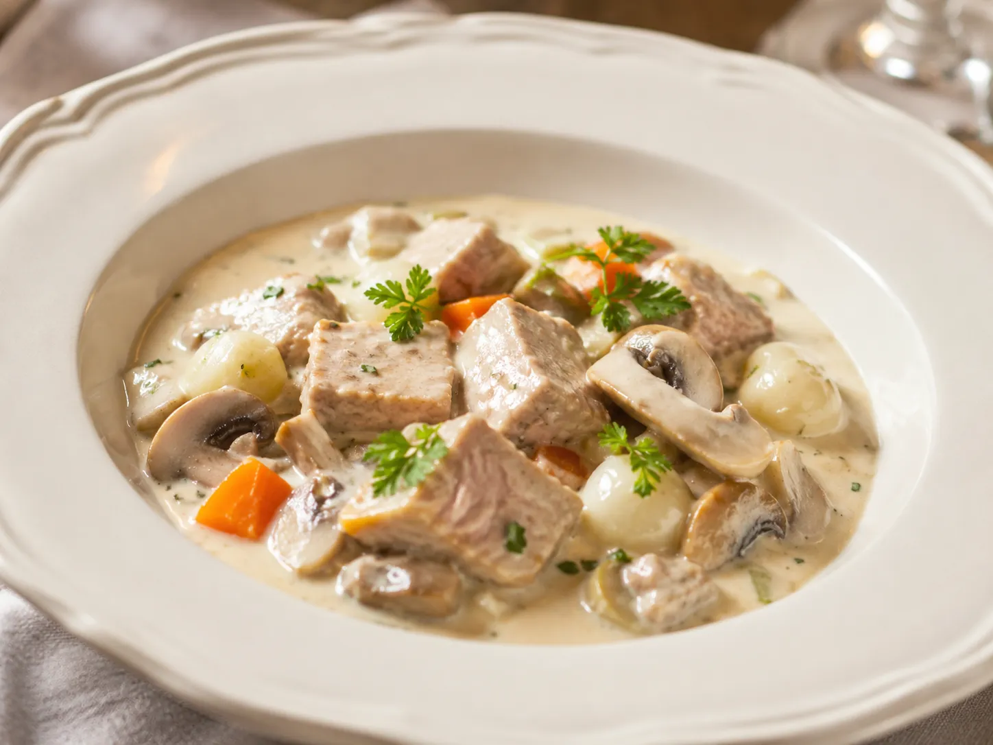 Kalbsblankett – fertig angerichtetes Rezeptgericht.