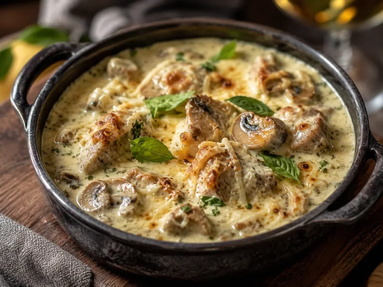 Kalbsbriesragout BasIlIkumrahm – fertig angerichtetes Rezeptgericht.