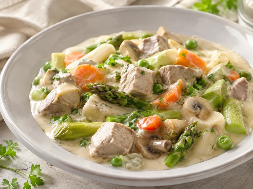 Kalbsfrikassee Fruehlingsart – fertig angerichtetes Rezeptgericht.