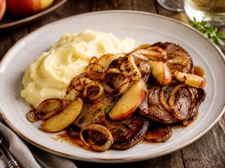 Kalbsleber Berliner – fertig angerichtetes Rezeptgericht.