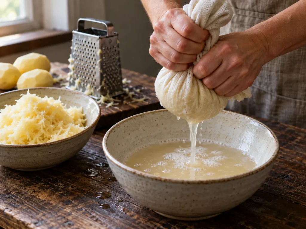 Kartoffeln in eine Schüssel mit etwas Wasser fein reiben, durch ein Tuch abschütten und gut auspressen.