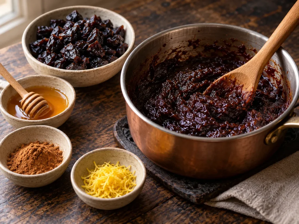 Dörrpflaumen klein schneiden, mit restlichen Zutaten zu einem dicken Mus einkochen, abkühlen lassen.