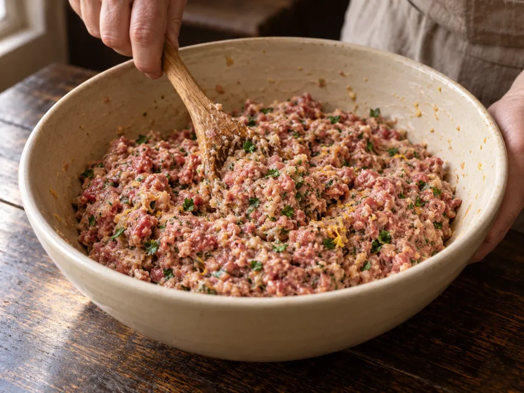 Diese Masse zu dem durchgedrehten Fleisch dazu geben, Eier hinzufügen sowie Petersilie und etwas Zitronenschale, mit Gewürzen abschmecken, gut vermischen,