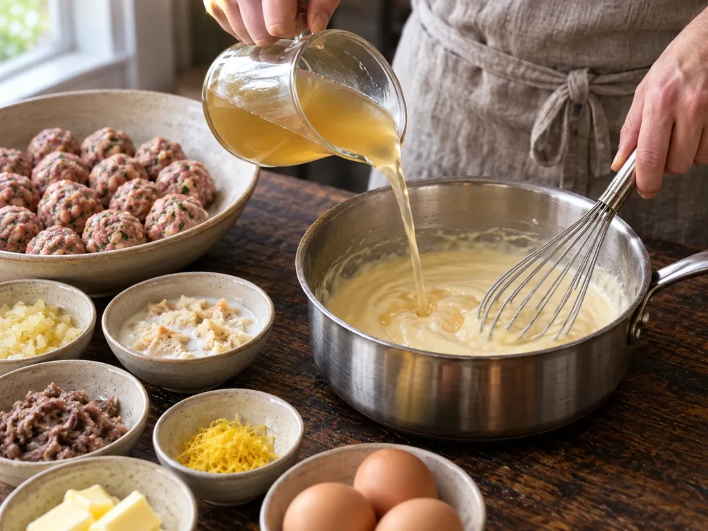 Aus restlicher Butter und Mehl helle Mehlschwitze herstellen, mit Brühe auffüllen, gut durchkochen lassen,