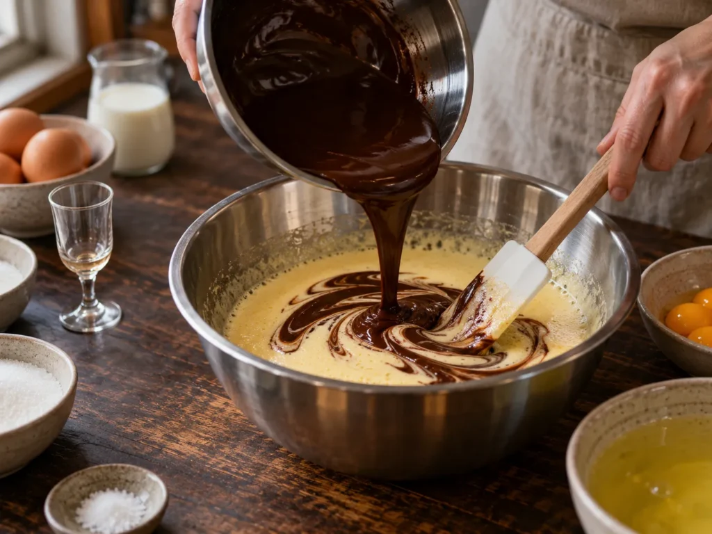 mit Armagnac und Kuvertüre vermischen, erkalten lassen