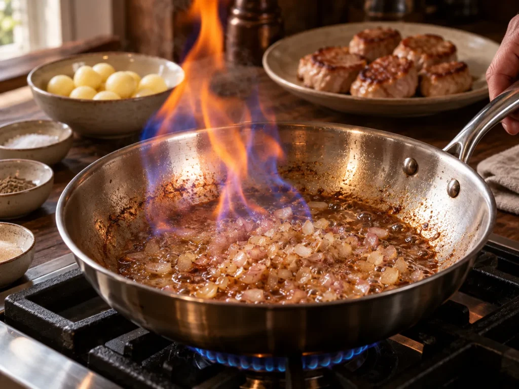 Schalotten im Bratensatz an schwitzen, mit Calvados flambieren,