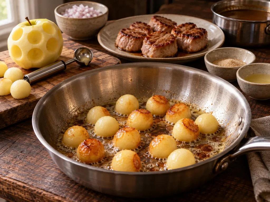 Apfelkugeln mit Zucker bestreuen, in Butter leicht karamellisieren.