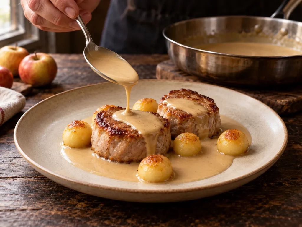 Filetscheiben anrichten, mit Soße nappieren, mit Apfelkugeln garnieren.