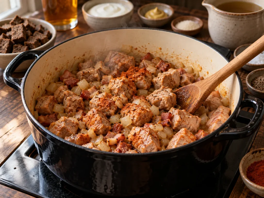 Fleisch, Kümmel, Paprika, Pfeffer und Salz hinzufügen, langsam im eigenen Saft dünsten lassen.