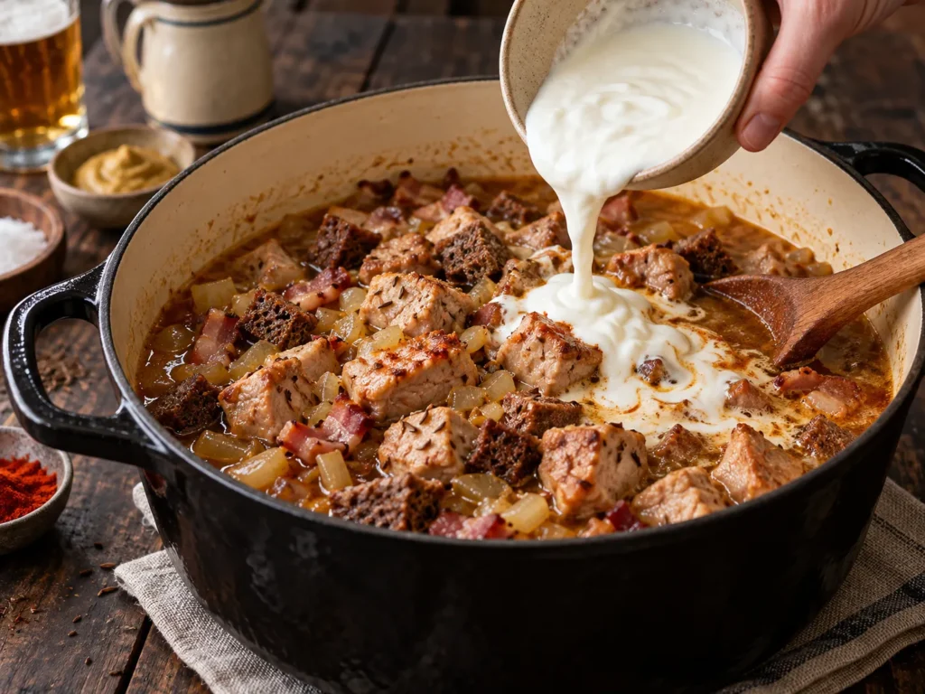 Joghurt, Brühe sowie Brotwürfel hinzufügen, weich dünsten.