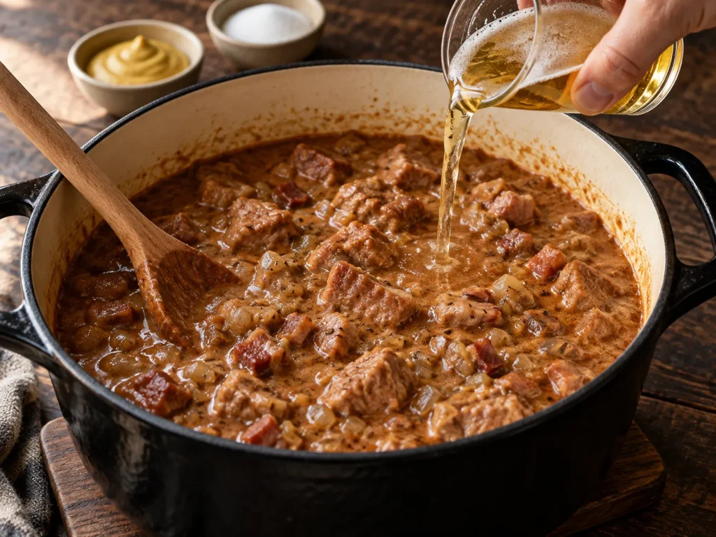 Mit Zucker und Senf abschmecken und zum Schluss je nach Konsistenz Bier dazu geben, nicht mehr kochen lassen.