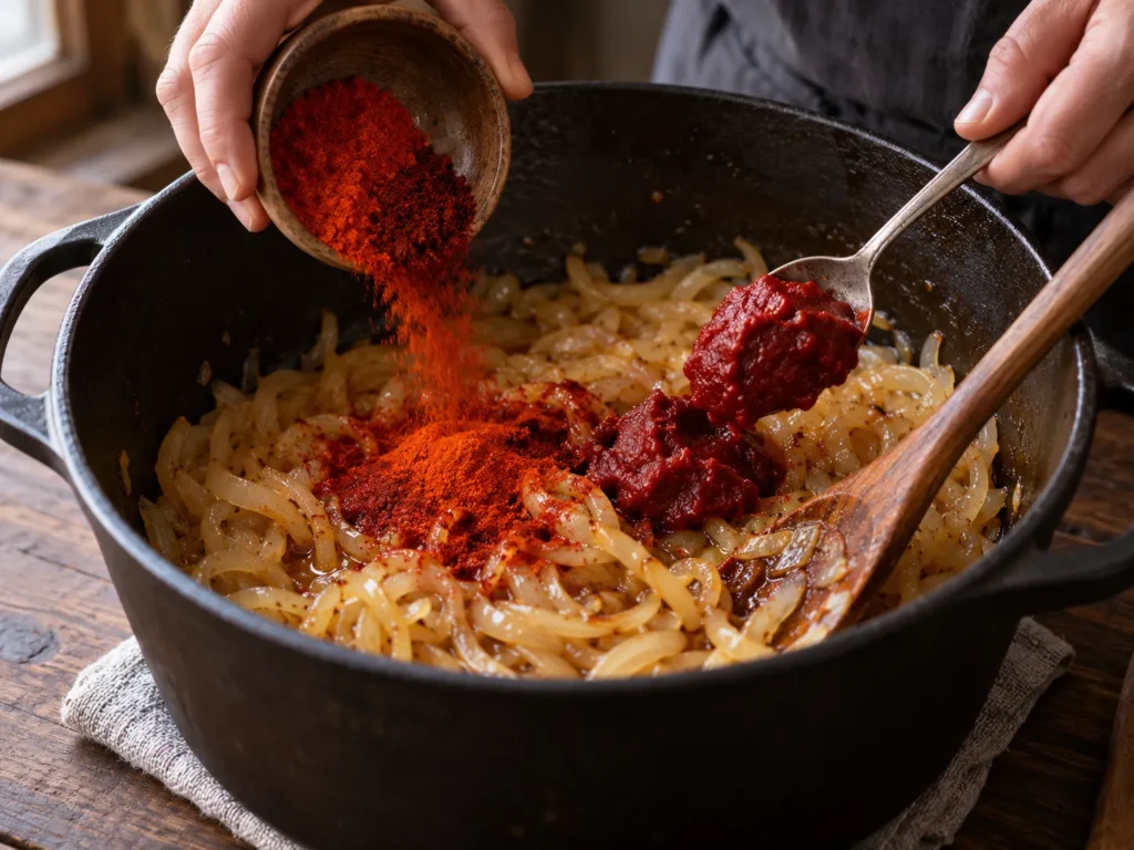edelsüßen und Rosenpaprika hinzufügen, tomatisieren