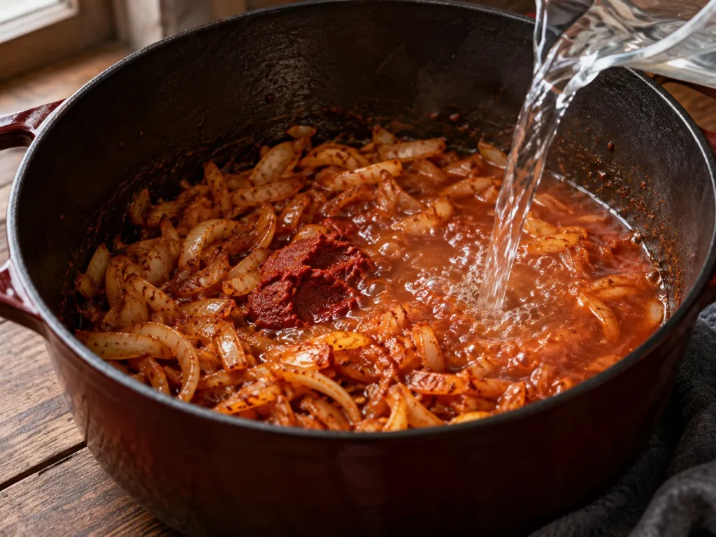 mit Wasser ablöschen, aufkochen