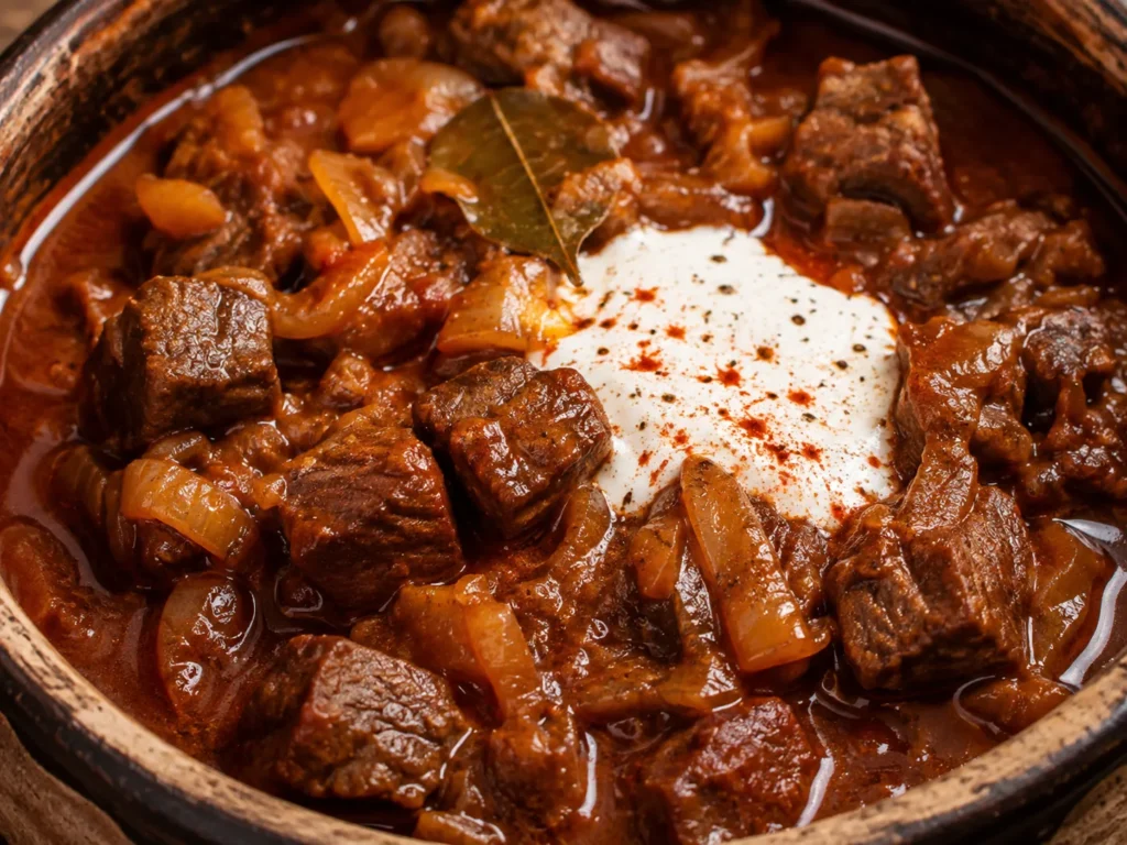 Wildschweingulasch mit Petersilie und einem Klecks Sauerrahm in dunkler Sauce.